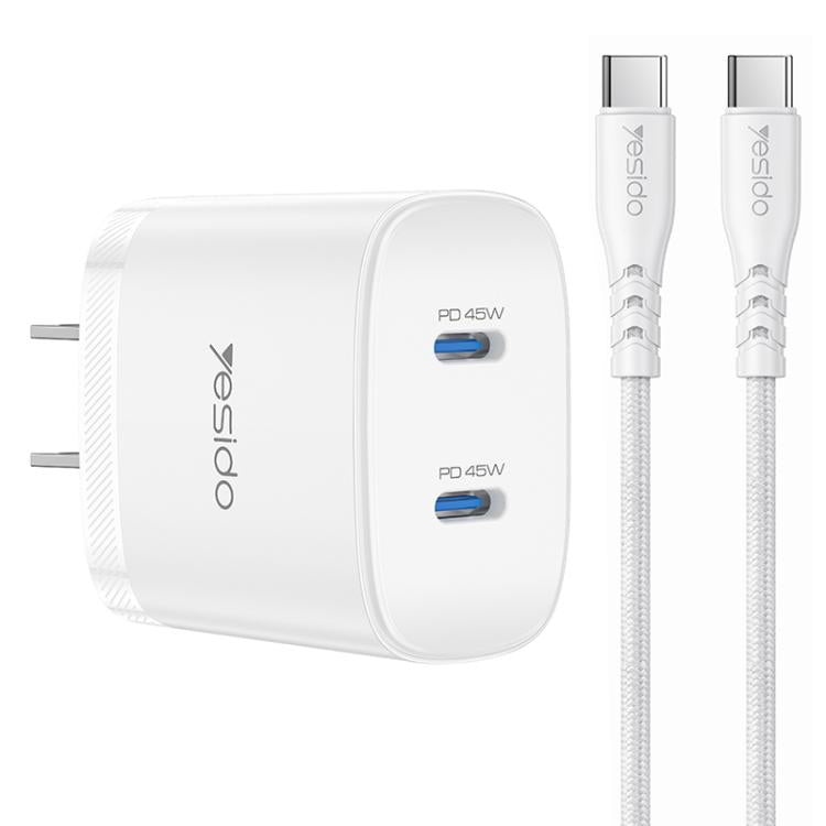 Chargeur rapide double Type-C Yesido PD45W avec câble Type-C vers Type-C, prise US, prise EU, prise UK