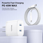 Chargeur rapide double Type-C Yesido PD45W avec câble Type-C vers Type-C, prise US, prise EU, prise UK