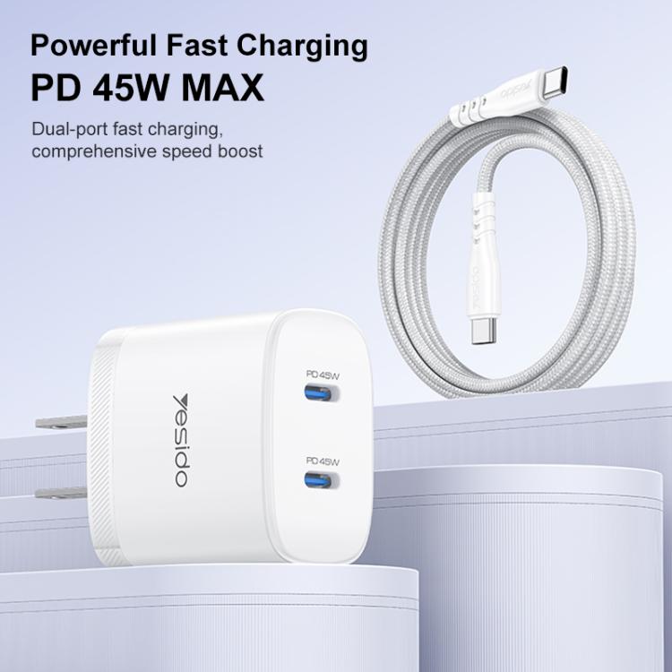 Chargeur rapide double Type-C Yesido PD45W avec câble Type-C vers Type-C, prise US, prise EU, prise UK