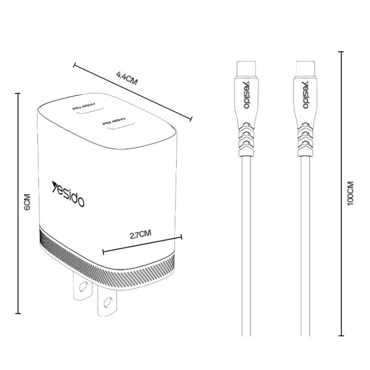 Chargeur rapide double Type-C Yesido PD45W avec câble Type-C vers Type-C, prise US, prise EU, prise UK