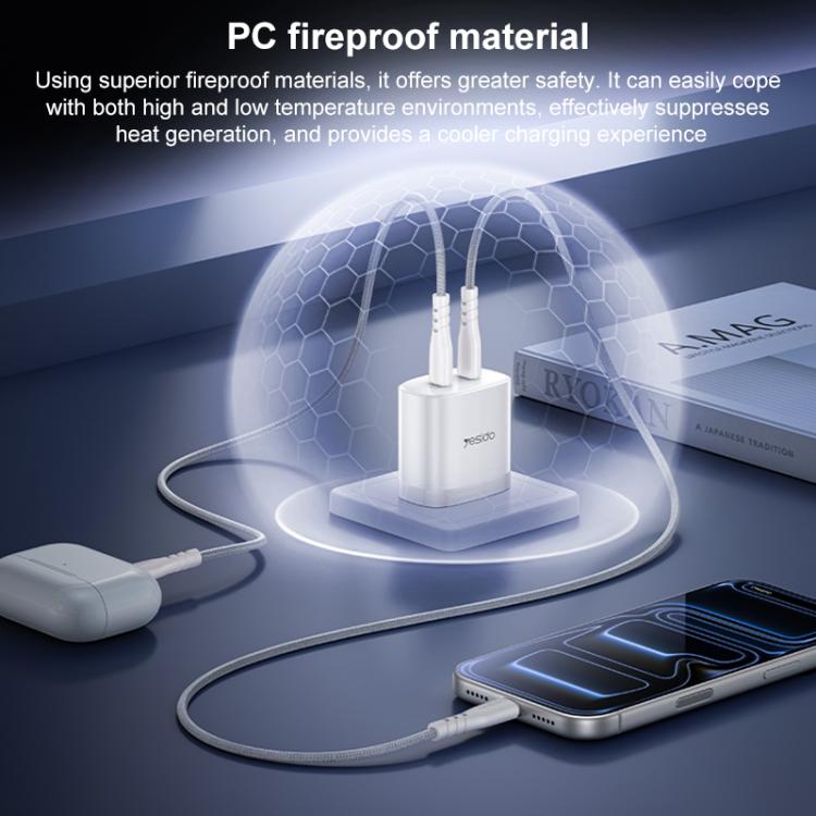Chargeur rapide double Type-C Yesido PD45W avec câble Type-C vers Type-C, prise US, prise EU, prise UK