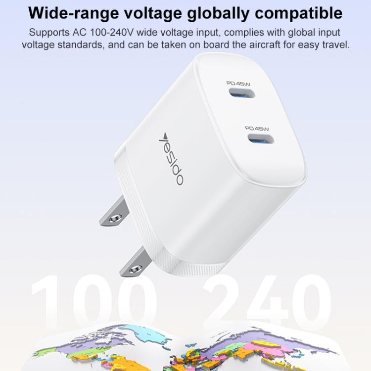 Chargeur rapide double Type-C Yesido PD45W avec câble Type-C vers Type-C, prise US, prise EU, prise UK