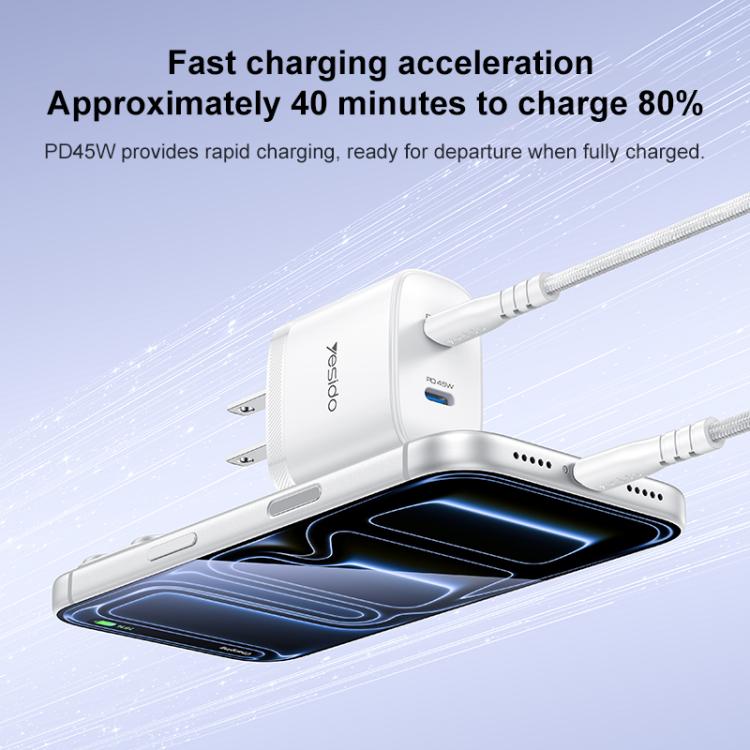 Chargeur rapide double Type-C Yesido PD45W avec câble Type-C vers Type-C, prise US, prise EU, prise UK