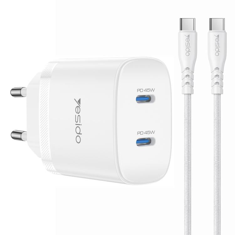 Chargeur rapide double Type-C Yesido PD45W avec câble Type-C vers Type-C, prise US, prise EU, prise UK