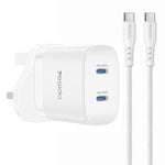 Chargeur rapide double Type-C Yesido PD45W avec câble Type-C vers Type-C, prise US, prise EU, prise UK