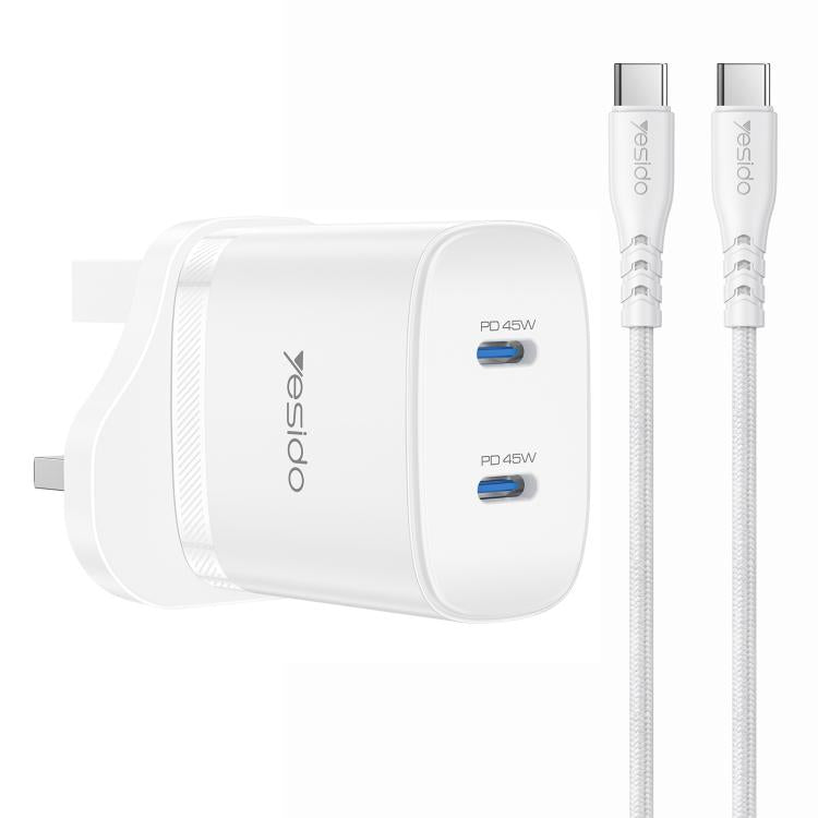 Chargeur rapide double Type-C Yesido PD45W avec câble Type-C vers Type-C, prise US, prise EU, prise UK