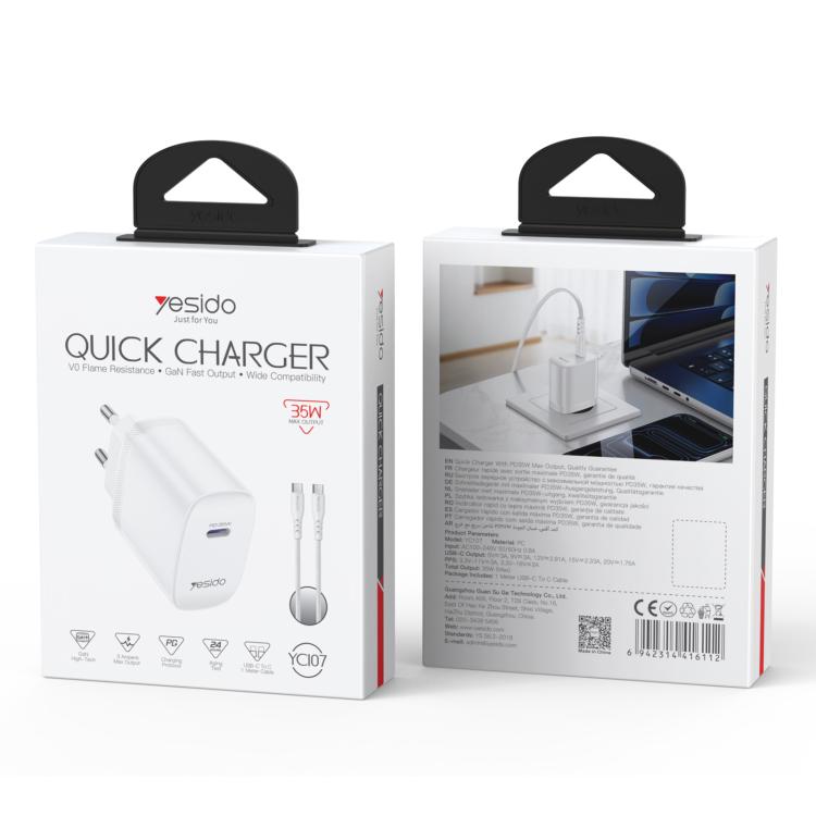 Yesido YC107 PD35W Ensemble chargeur rapide avec port unique USB-C / Type-C et câble Type-C vers Type-C, YC107