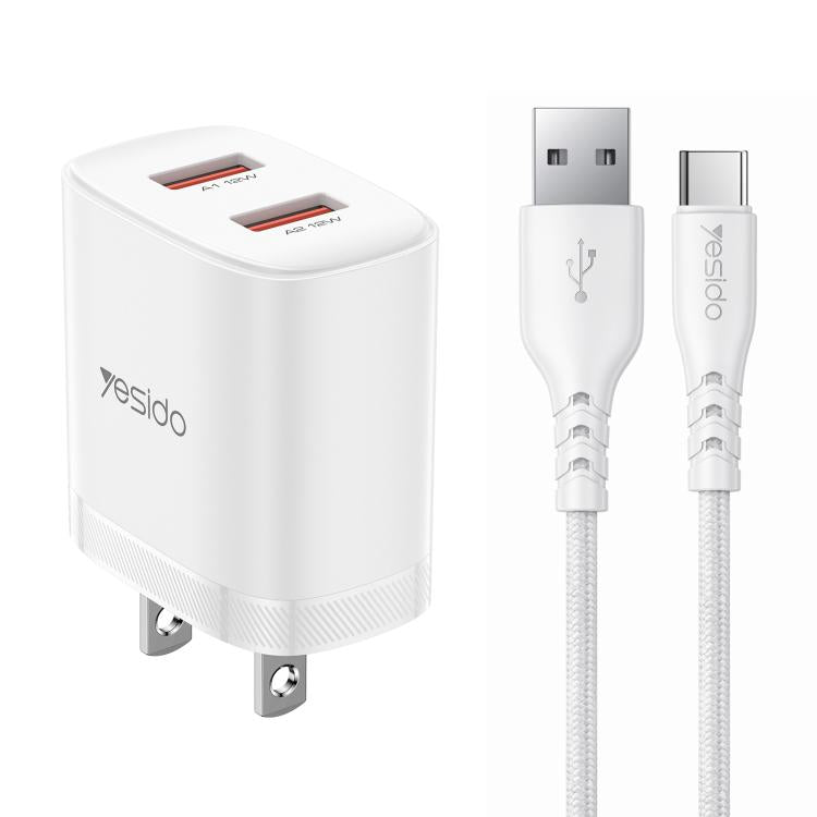 Yesido YC17U Chargeur double port USB 12W 2.4A avec câble de données USB vers Type-C 1m, YC17U