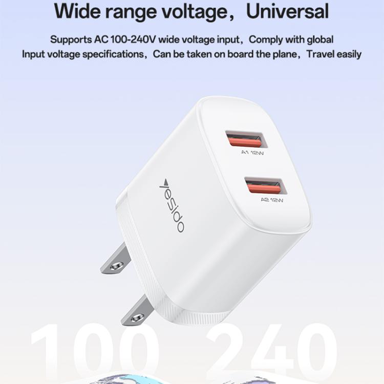 Yesido YC17U Chargeur double port USB 12W 2.4A avec câble de données USB vers Type-C 1m, YC17U