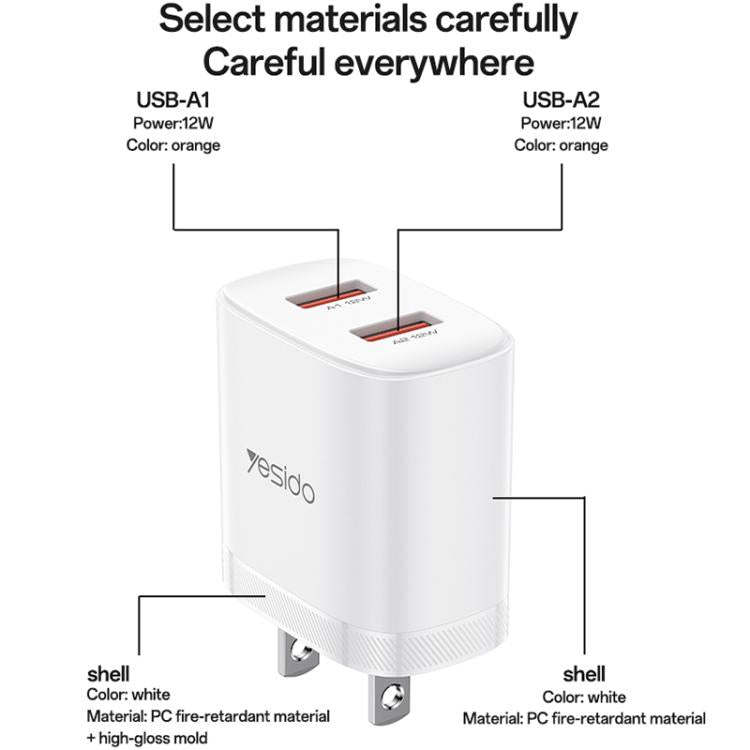 Yesido YC17U Chargeur double port USB 12W 2.4A avec câble de données USB vers Type-C 1m, YC17U