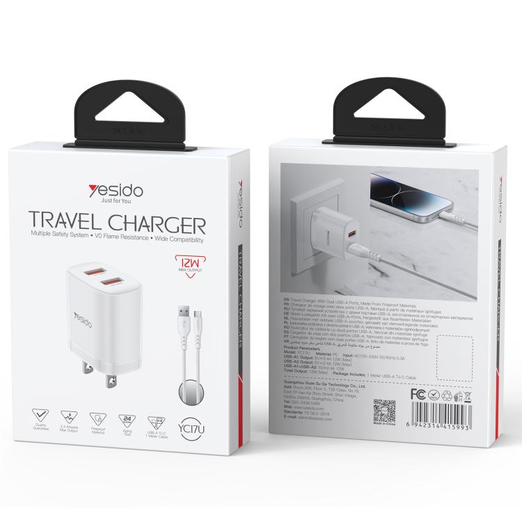 Yesido YC17U Chargeur double port USB 12W 2.4A avec câble de données USB vers Type-C 1m, YC17U