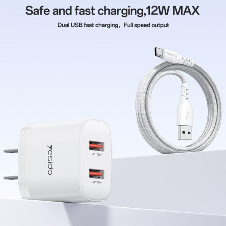 Yesido YC17U Chargeur double port USB 12W 2.4A avec câble de données USB vers Type-C 1m, YC17U