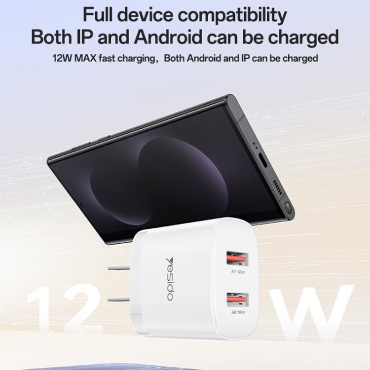 Yesido YC17U Chargeur double port USB 12W 2.4A avec câble de données USB vers Type-C 1m, YC17U