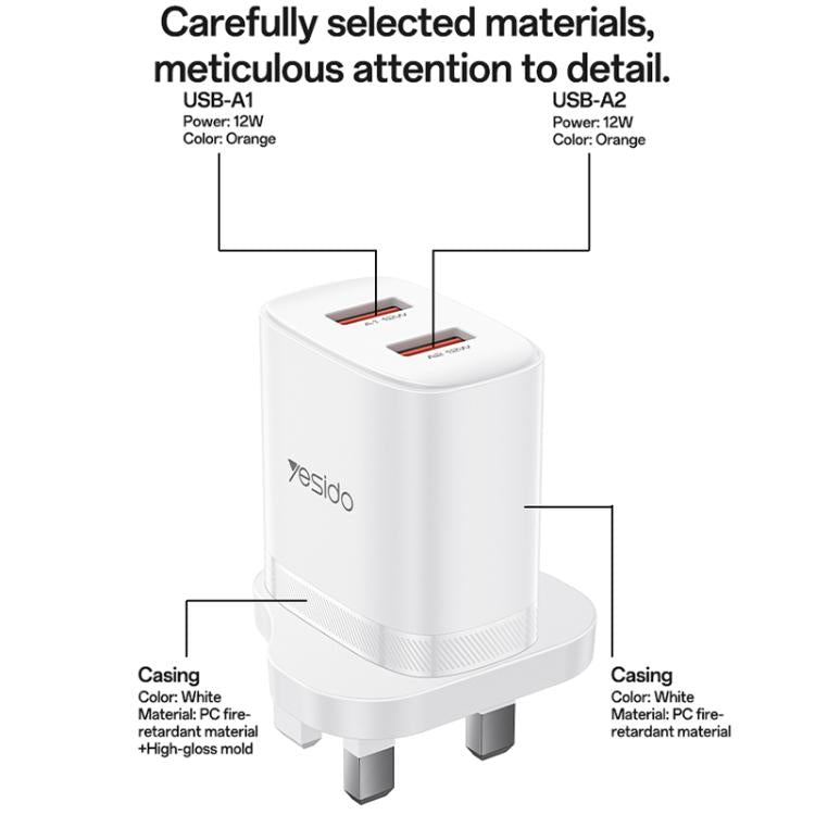 Yesido YC150 12W 2.4A Chargeur Mural Double Port USB avec Câble de Données USB vers Type-C 1m, YC150