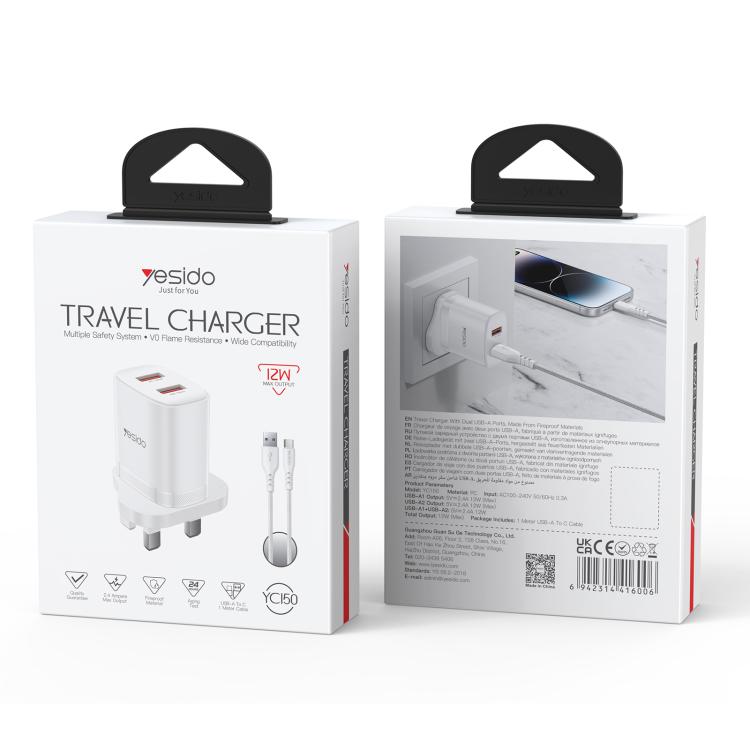 Yesido YC150 12W 2.4A Chargeur Mural Double Port USB avec Câble de Données USB vers Type-C 1m, YC150