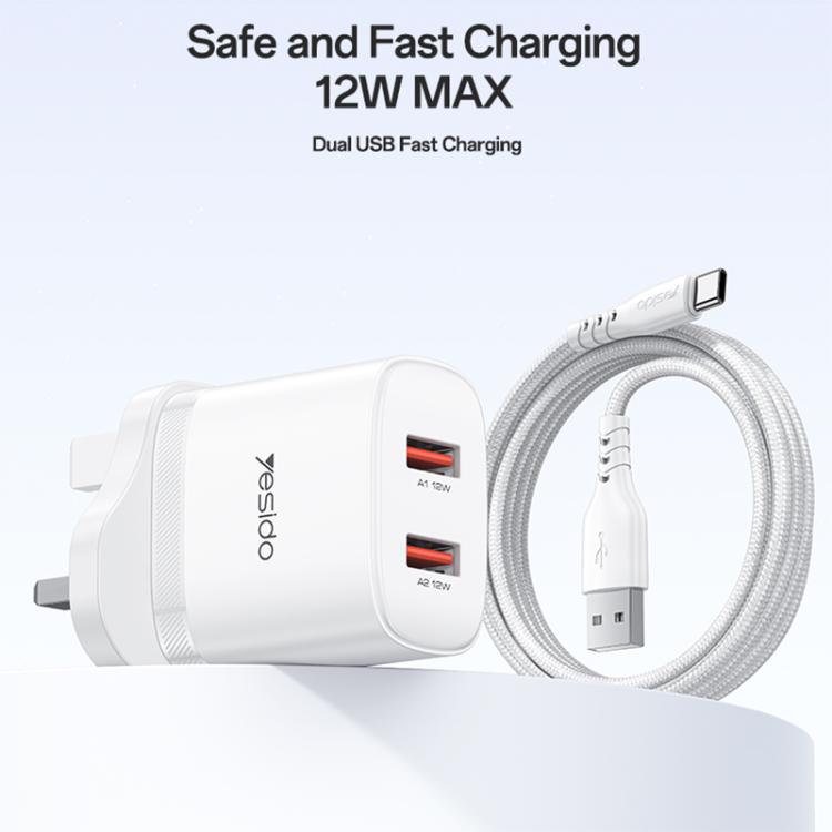 Yesido YC150 12W 2.4A Chargeur Mural Double Port USB avec Câble de Données USB vers Type-C 1m, YC150
