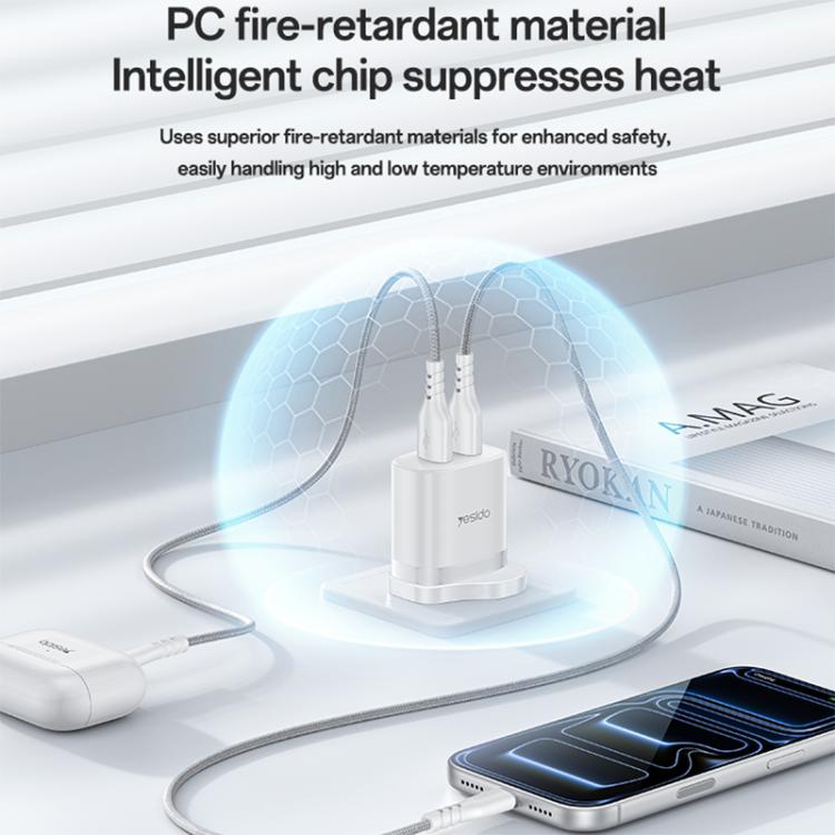 Yesido YC150 12W 2.4A Chargeur Mural Double Port USB avec Câble de Données USB vers Type-C 1m, YC150