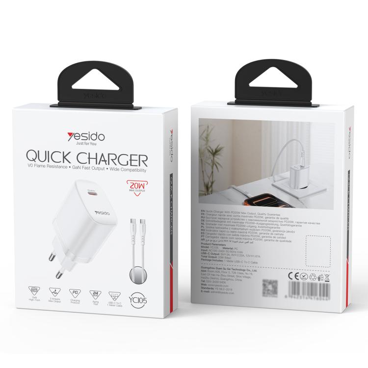 Chargeur Yesido YC105 PD20W Type-C avec câble de données Type-C vers Type-C de 1 m, YC105