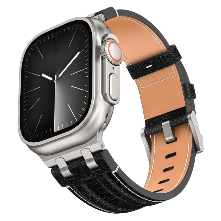 Bracelet de montre en cuir vegan avec surpiqûres en jean, pour Apple Watch 46mm / 49mm / 45mm / 44mm