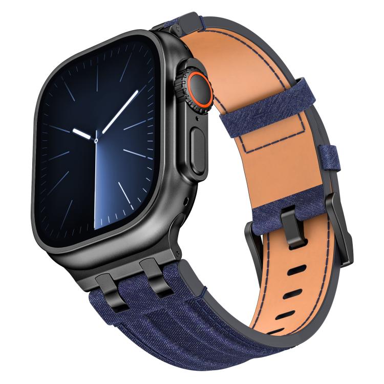 Bracelet de montre en cuir vegan avec surpiqûres en jean, pour Apple Watch 46mm / 49mm / 45mm / 44mm