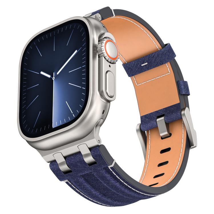 Bracelet de montre en cuir vegan avec surpiqûres en jean, pour Apple Watch 46mm / 49mm / 45mm / 44mm