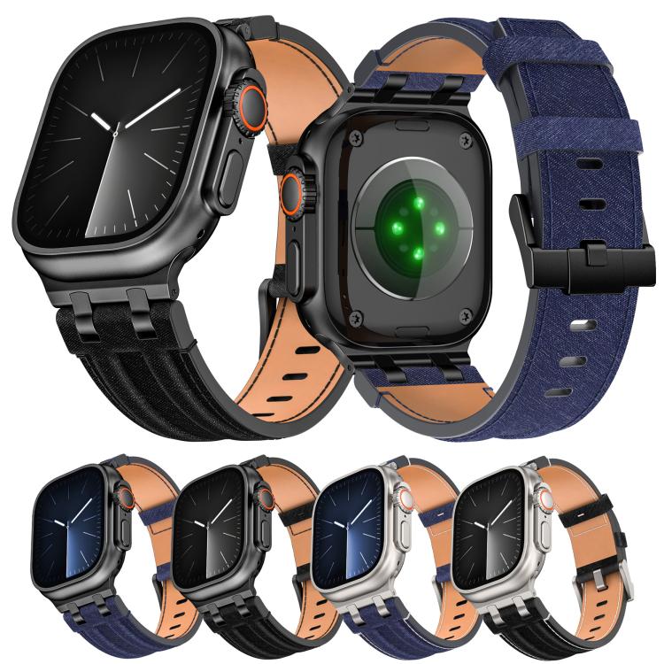 Bracelet de montre en cuir vegan avec surpiqûres en jean, pour Apple Watch 46mm / 49mm / 45mm / 44mm