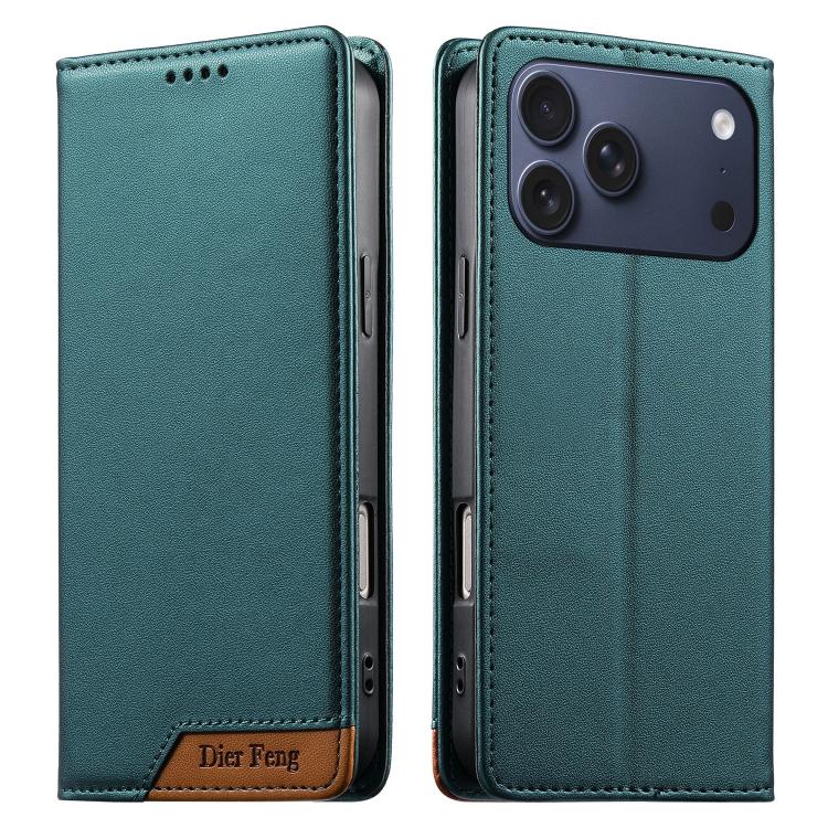 Coque de téléphone Dierfeng Splicing Strong Magnetic RFID en cuir végétalien, pour iPhone 17e / 16e, pour iPhone 17 Pro Max, pour iPhone 17 Pro, pour iPhone 17, pour iPhone Air, pour iPhone 16 Pro Max, pour iPhone 16 Pro, pour iPhone 16 Plus