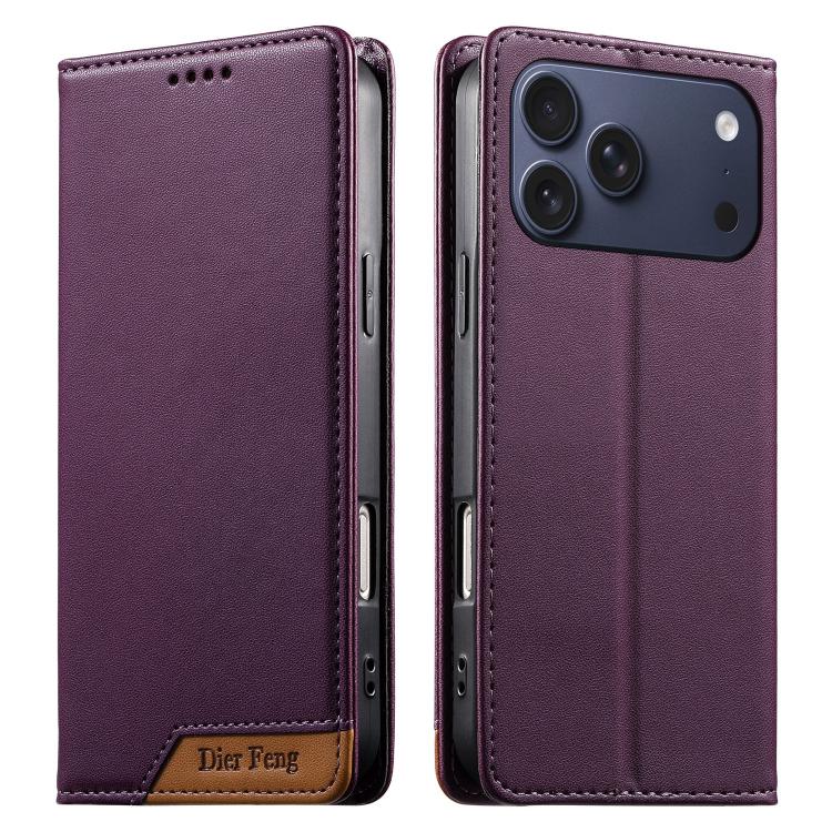 Coque de téléphone Dierfeng Splicing Strong Magnetic RFID en cuir végétalien, pour iPhone 17e / 16e, pour iPhone 17 Pro Max, pour iPhone 17 Pro, pour iPhone 17, pour iPhone Air, pour iPhone 16 Pro Max, pour iPhone 16 Pro, pour iPhone 16 Plus