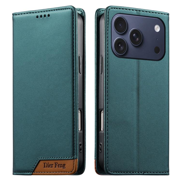 Coque de téléphone Dierfeng Splicing Strong Magnetic RFID en cuir végétalien, pour iPhone 17e / 16e, pour iPhone 17 Pro Max, pour iPhone 17 Pro, pour iPhone 17, pour iPhone Air, pour iPhone 16 Pro Max, pour iPhone 16 Pro, pour iPhone 16 Plus