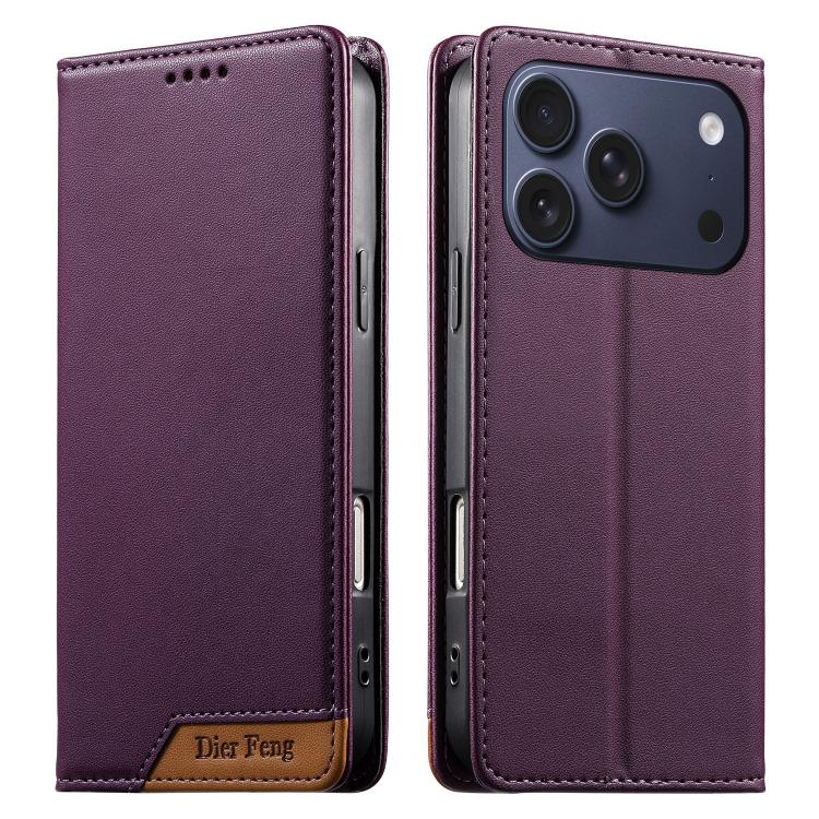 Coque de téléphone Dierfeng Splicing Strong Magnetic RFID en cuir végétalien, pour iPhone 17e / 16e, pour iPhone 17 Pro Max, pour iPhone 17 Pro, pour iPhone 17, pour iPhone Air, pour iPhone 16 Pro Max, pour iPhone 16 Pro, pour iPhone 16 Plus