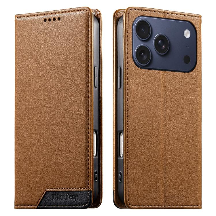 Coque de téléphone Dierfeng Splicing Strong Magnetic RFID en cuir végétalien, pour iPhone 17e / 16e, pour iPhone 17 Pro Max, pour iPhone 17 Pro, pour iPhone 17, pour iPhone Air, pour iPhone 16 Pro Max, pour iPhone 16 Pro, pour iPhone 16 Plus