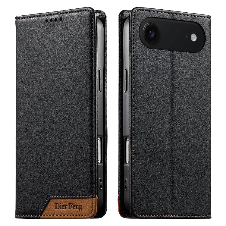 Coque de téléphone Dierfeng Splicing Strong Magnetic RFID en cuir végétalien, pour iPhone 17e / 16e, pour iPhone 17 Pro Max, pour iPhone 17 Pro, pour iPhone 17, pour iPhone Air, pour iPhone 16 Pro Max, pour iPhone 16 Pro, pour iPhone 16 Plus