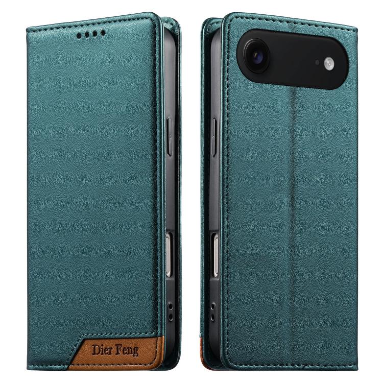 Coque de téléphone Dierfeng Splicing Strong Magnetic RFID en cuir végétalien, pour iPhone 17e / 16e, pour iPhone 17 Pro Max, pour iPhone 17 Pro, pour iPhone 17, pour iPhone Air, pour iPhone 16 Pro Max, pour iPhone 16 Pro, pour iPhone 16 Plus