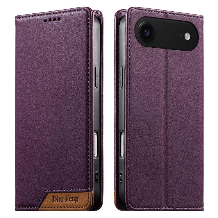 Coque de téléphone Dierfeng Splicing Strong Magnetic RFID en cuir végétalien, pour iPhone 17e / 16e, pour iPhone 17 Pro Max, pour iPhone 17 Pro, pour iPhone 17, pour iPhone Air, pour iPhone 16 Pro Max, pour iPhone 16 Pro, pour iPhone 16 Plus