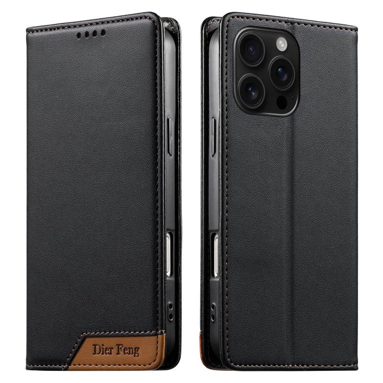 Coque de téléphone Dierfeng Splicing Strong Magnetic RFID en cuir végétalien, pour iPhone 17e / 16e, pour iPhone 17 Pro Max, pour iPhone 17 Pro, pour iPhone 17, pour iPhone Air, pour iPhone 16 Pro Max, pour iPhone 16 Pro, pour iPhone 16 Plus