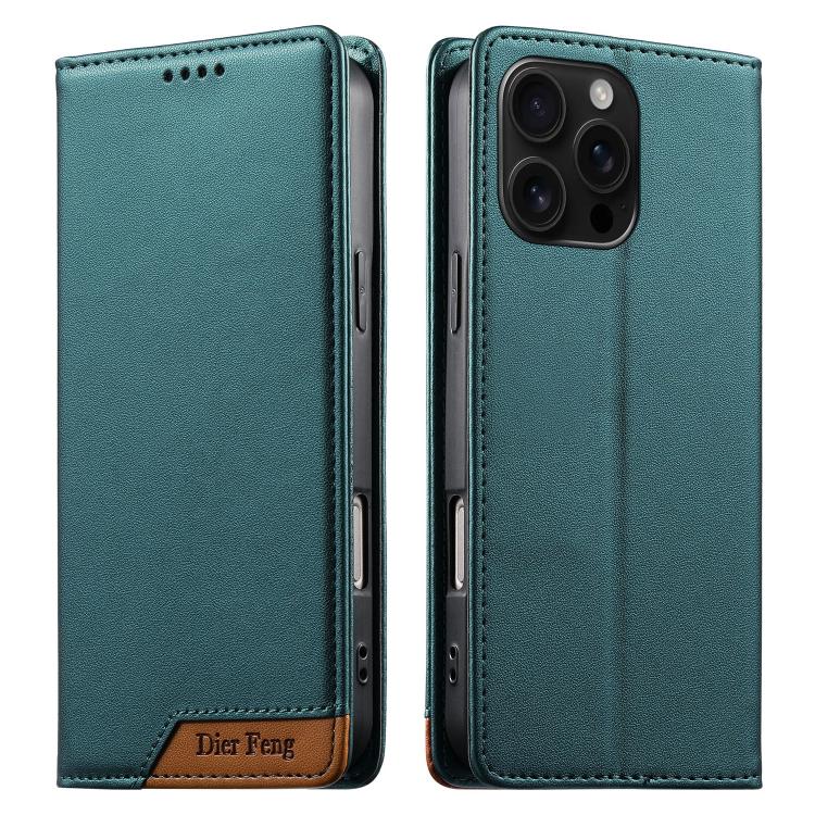 Coque de téléphone Dierfeng Splicing Strong Magnetic RFID en cuir végétalien, pour iPhone 17e / 16e, pour iPhone 17 Pro Max, pour iPhone 17 Pro, pour iPhone 17, pour iPhone Air, pour iPhone 16 Pro Max, pour iPhone 16 Pro, pour iPhone 16 Plus