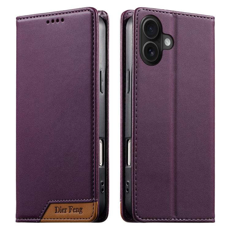 Coque de téléphone Dierfeng Splicing Strong Magnetic RFID en cuir végétalien, pour iPhone 17e / 16e, pour iPhone 17 Pro Max, pour iPhone 17 Pro, pour iPhone 17, pour iPhone Air, pour iPhone 16 Pro Max, pour iPhone 16 Pro, pour iPhone 16 Plus