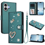 Coque de téléphone en cuir végétalien double couche ZS01 avec motif cœur et dragonne, pour iPhone 17e / 16e, pour iPhone 17 Pro Max, pour iPhone 17 Pro, pour iPhone 17, pour iPhone Air, pour iPhone 16 Pro Max