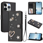 ZS01 Coque de Téléphone Double Couche Cœur Floral en Cuir Vegan avec Dragonne, Pour iPhone 16 Pro, Pour iPhone 16 Plus, Pour iPhone 16, Pour iPhone 15 Pro Max, Pour iPhone 15 Pro, Pour iPhone 15 Plus