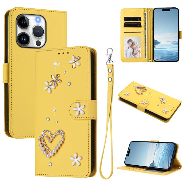 ZS01 Coque de Téléphone Double Couche Cœur Floral en Cuir Vegan avec Dragonne, Pour iPhone 16 Pro, Pour iPhone 16 Plus, Pour iPhone 16, Pour iPhone 15 Pro Max, Pour iPhone 15 Pro, Pour iPhone 15 Plus