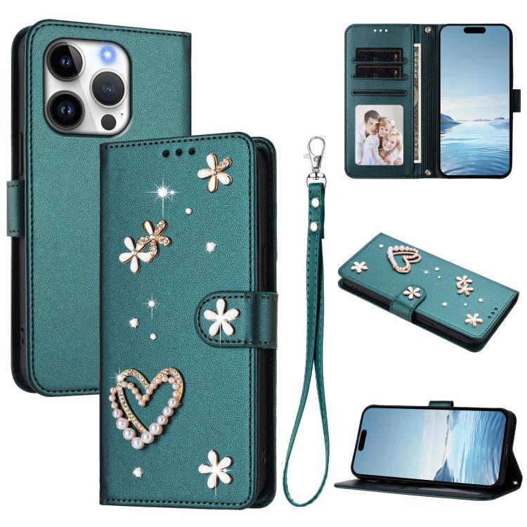 ZS01 Coque de Téléphone Double Couche Cœur Floral en Cuir Vegan avec Dragonne, Pour iPhone 16 Pro, Pour iPhone 16 Plus, Pour iPhone 16, Pour iPhone 15 Pro Max, Pour iPhone 15 Pro, Pour iPhone 15 Plus