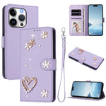 ZS01 Coque de Téléphone Double Couche Cœur Floral en Cuir Vegan avec Dragonne, Pour iPhone 16 Pro, Pour iPhone 16 Plus, Pour iPhone 16, Pour iPhone 15 Pro Max, Pour iPhone 15 Pro, Pour iPhone 15 Plus