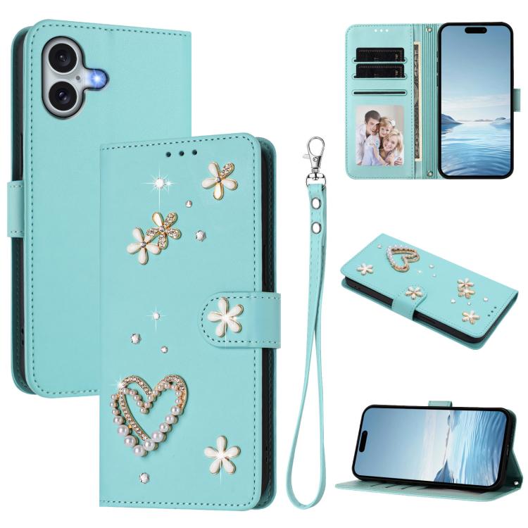 ZS01 Coque de Téléphone Double Couche Cœur Floral en Cuir Vegan avec Dragonne, Pour iPhone 16 Pro, Pour iPhone 16 Plus, Pour iPhone 16, Pour iPhone 15 Pro Max, Pour iPhone 15 Pro, Pour iPhone 15 Plus