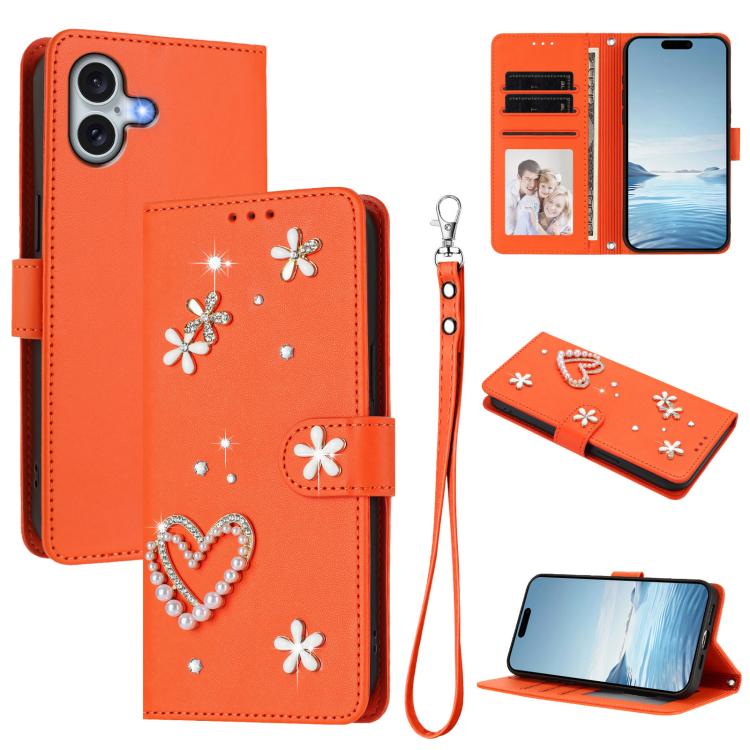 ZS01 Coque de Téléphone Double Couche Cœur Floral en Cuir Vegan avec Dragonne, Pour iPhone 16 Pro, Pour iPhone 16 Plus, Pour iPhone 16, Pour iPhone 15 Pro Max, Pour iPhone 15 Pro, Pour iPhone 15 Plus