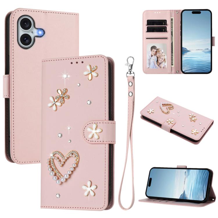 ZS01 Coque de Téléphone Double Couche Cœur Floral en Cuir Vegan avec Dragonne, Pour iPhone 16 Pro, Pour iPhone 16 Plus, Pour iPhone 16, Pour iPhone 15 Pro Max, Pour iPhone 15 Pro, Pour iPhone 15 Plus