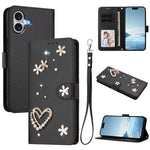 ZS01 Coque de Téléphone Double Couche Cœur Floral en Cuir Vegan avec Dragonne, Pour iPhone 16 Pro, Pour iPhone 16 Plus, Pour iPhone 16, Pour iPhone 15 Pro Max, Pour iPhone 15 Pro, Pour iPhone 15 Plus