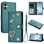 ZS01 Coque de Téléphone Double Couche Cœur Floral en Cuir Vegan avec Dragonne, Pour iPhone 16 Pro, Pour iPhone 16 Plus, Pour iPhone 16, Pour iPhone 15 Pro Max, Pour iPhone 15 Pro, Pour iPhone 15 Plus