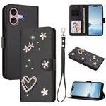 ZS01 Coque de Téléphone Double Couche Cœur Floral en Cuir Vegan avec Dragonne, Pour iPhone 16 Pro, Pour iPhone 16 Plus, Pour iPhone 16, Pour iPhone 15 Pro Max, Pour iPhone 15 Pro, Pour iPhone 15 Plus