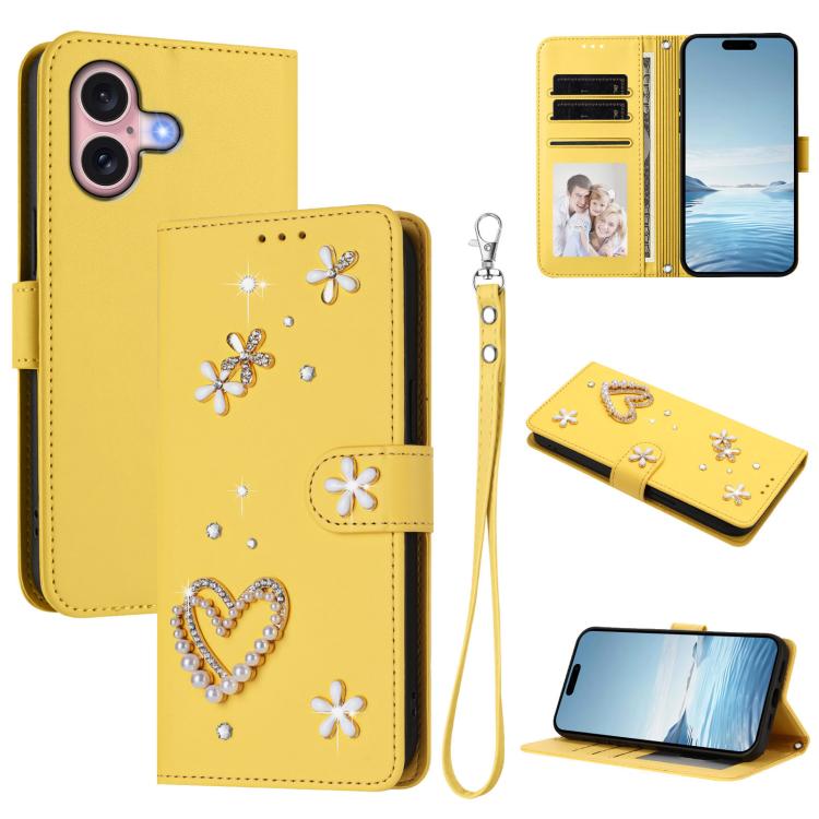 ZS01 Coque de Téléphone Double Couche Cœur Floral en Cuir Vegan avec Dragonne, Pour iPhone 16 Pro, Pour iPhone 16 Plus, Pour iPhone 16, Pour iPhone 15 Pro Max, Pour iPhone 15 Pro, Pour iPhone 15 Plus