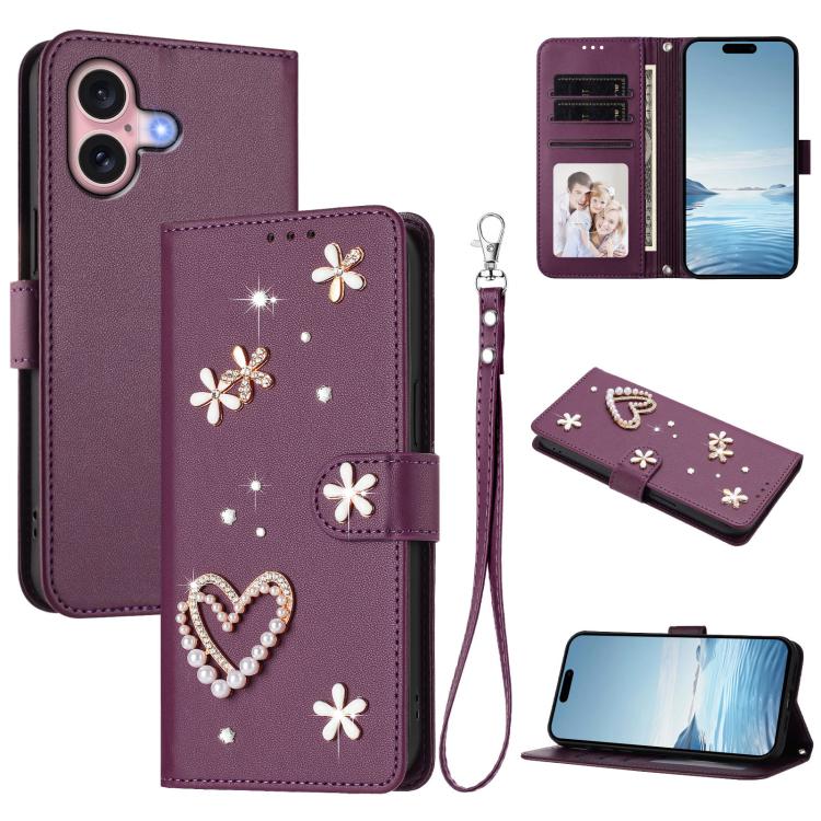ZS01 Coque de Téléphone Double Couche Cœur Floral en Cuir Vegan avec Dragonne, Pour iPhone 16 Pro, Pour iPhone 16 Plus, Pour iPhone 16, Pour iPhone 15 Pro Max, Pour iPhone 15 Pro, Pour iPhone 15 Plus
